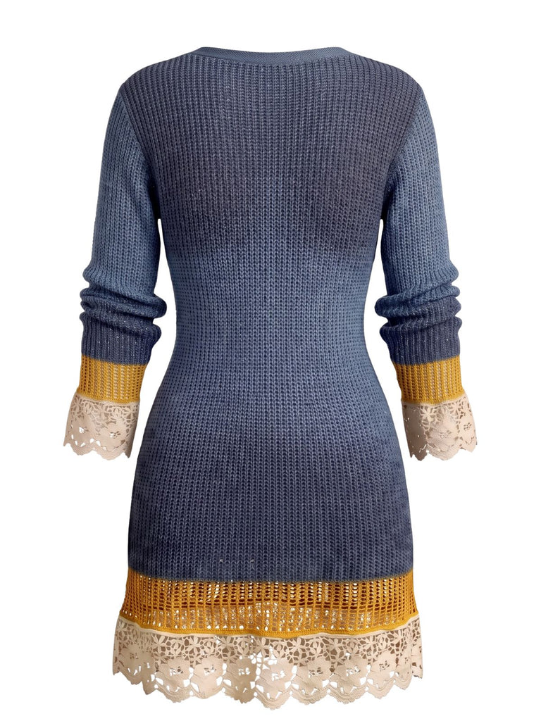 Blaues 60er Strick-Minikleid mit Spitzenbesatz und V-Ausschnitt