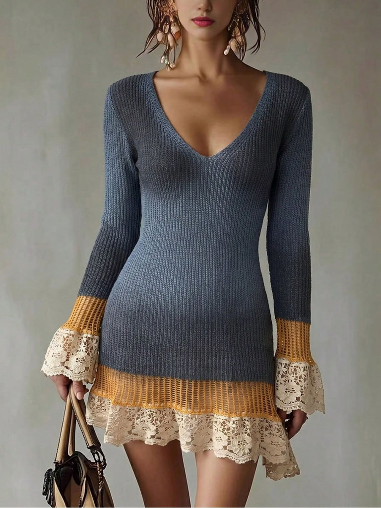 Blaues 60er Strick-Minikleid mit Spitzenbesatz und V-Ausschnitt