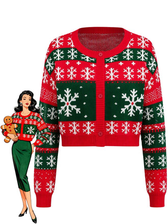 Rote & grüne kurze 50er Weihnachts-Strickjacke mit Schneeflocken