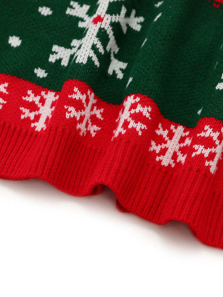 Rote & grüne kurze 50er Weihnachts-Strickjacke mit Schneeflocken