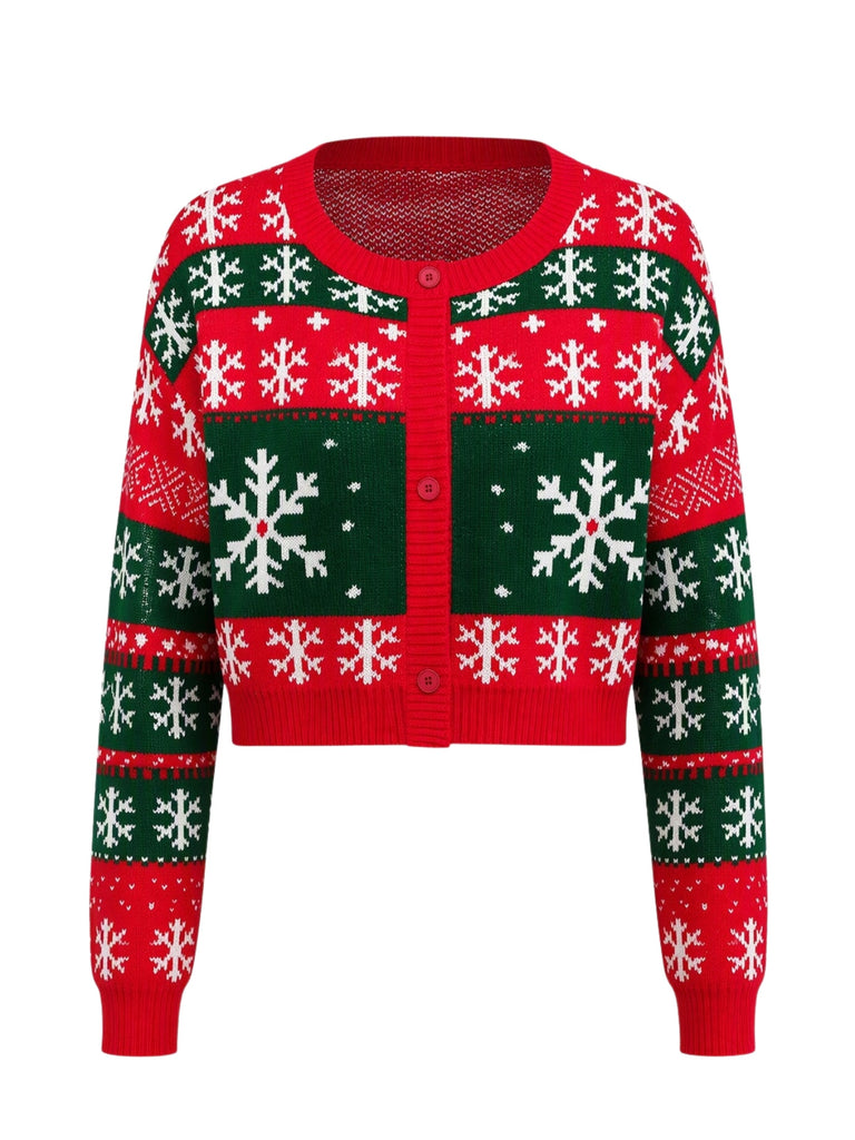 Rote & grüne kurze 50er Weihnachts-Strickjacke mit Schneeflocken