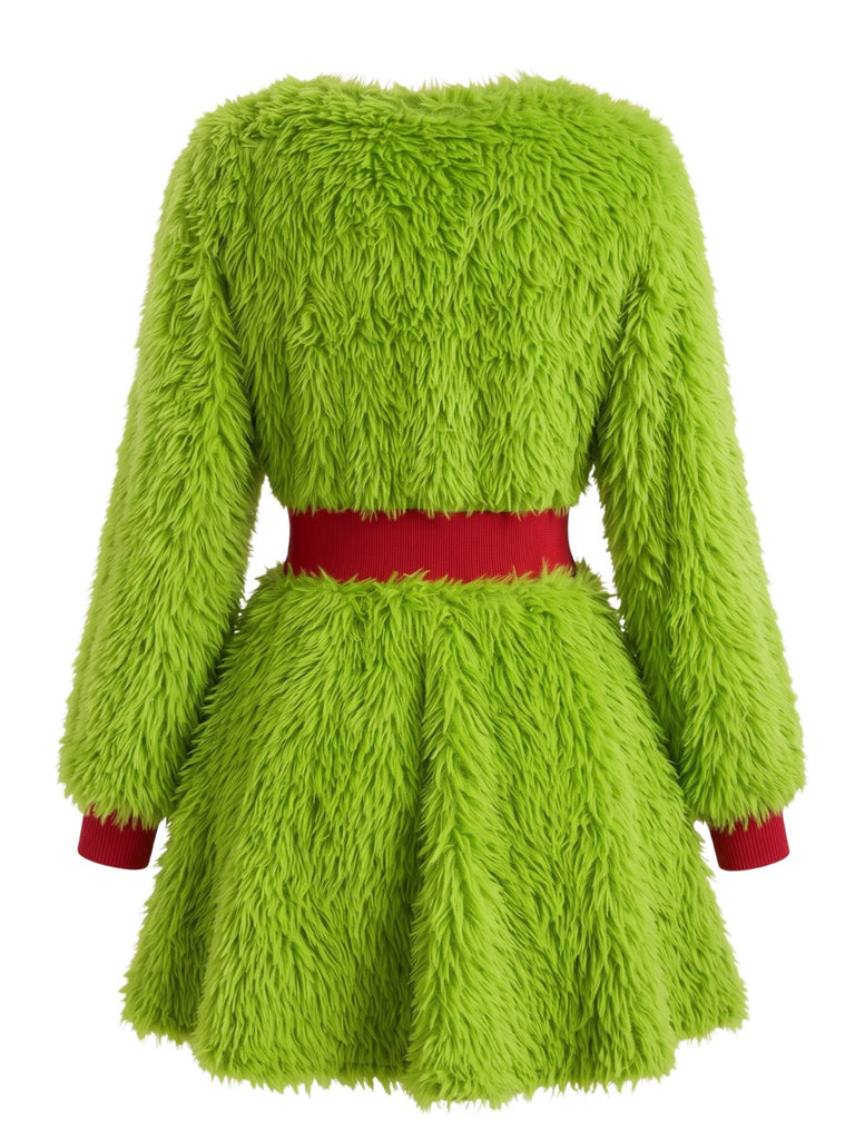 Grünes 50er Grinch-Weihnachtskleid mit Herz und Flauschoptik