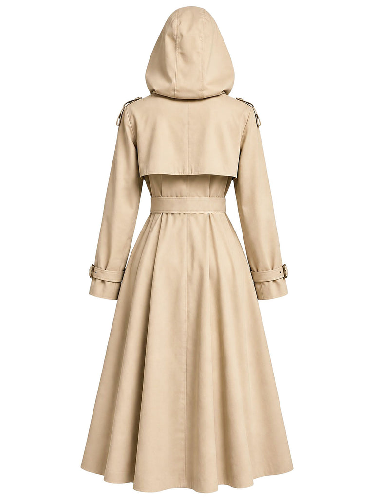 Khaki 50er Kapuzenkleid mit Zweiteiler-Optik und Gürtel