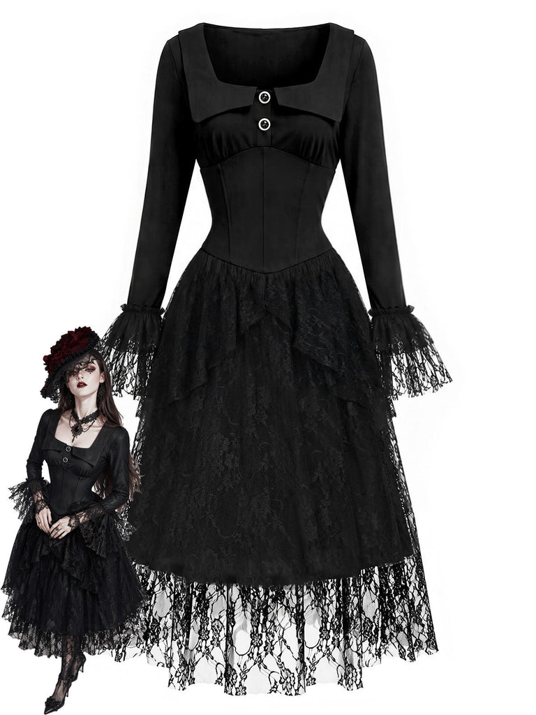 Schwarzes viktorianisches 70er Gothic-Korsettkleid mit Spitze und Rüschen