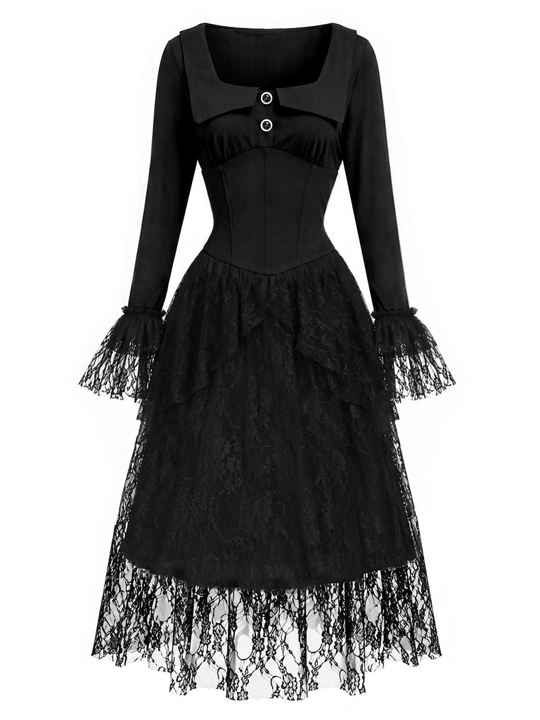 Schwarzes viktorianisches 70er Gothic-Korsettkleid mit Spitze und Rüschen