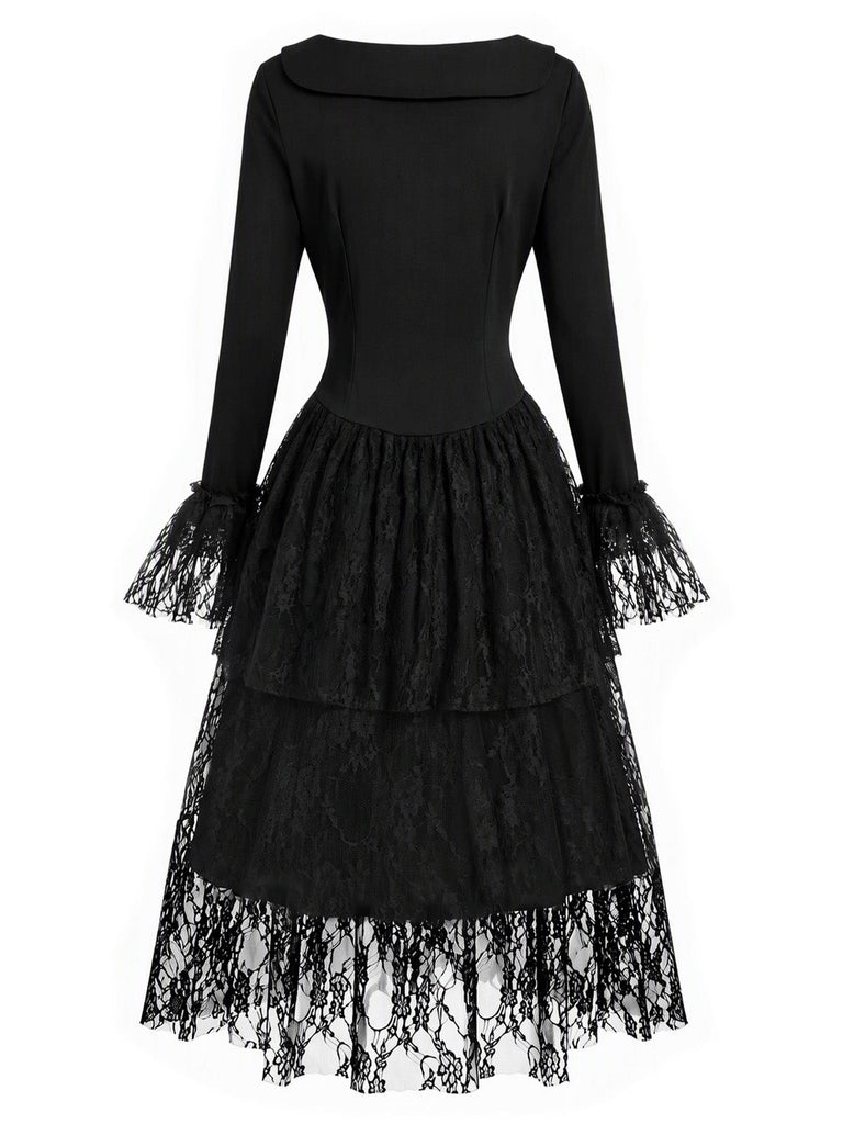Schwarzes viktorianisches 70er Gothic-Korsettkleid mit Spitze und Rüschen