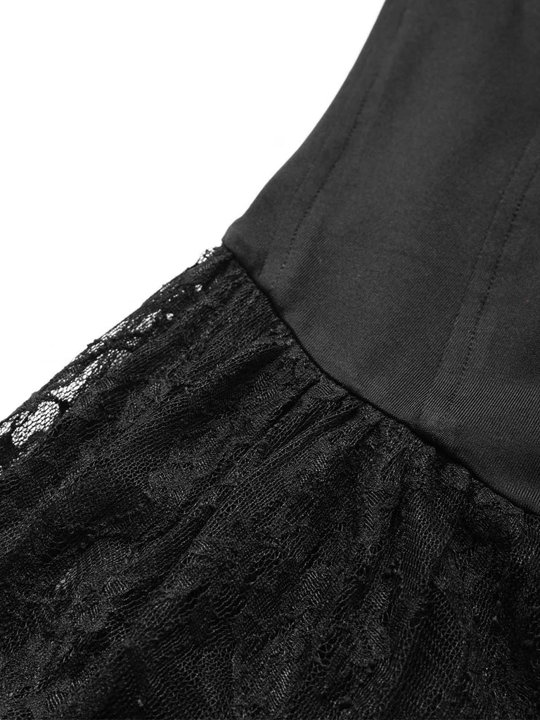 Schwarzes viktorianisches 70er Gothic-Korsettkleid mit Spitze und Rüschen