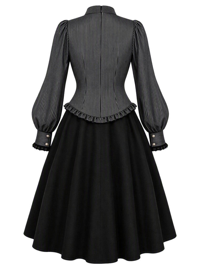 50er Nadelstreifenkleid mit Stehkragen und Bischofsärmeln