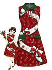 Ärmelloses 60er A-Linien-Kleid mit Weihnachtsprint und Schleife
