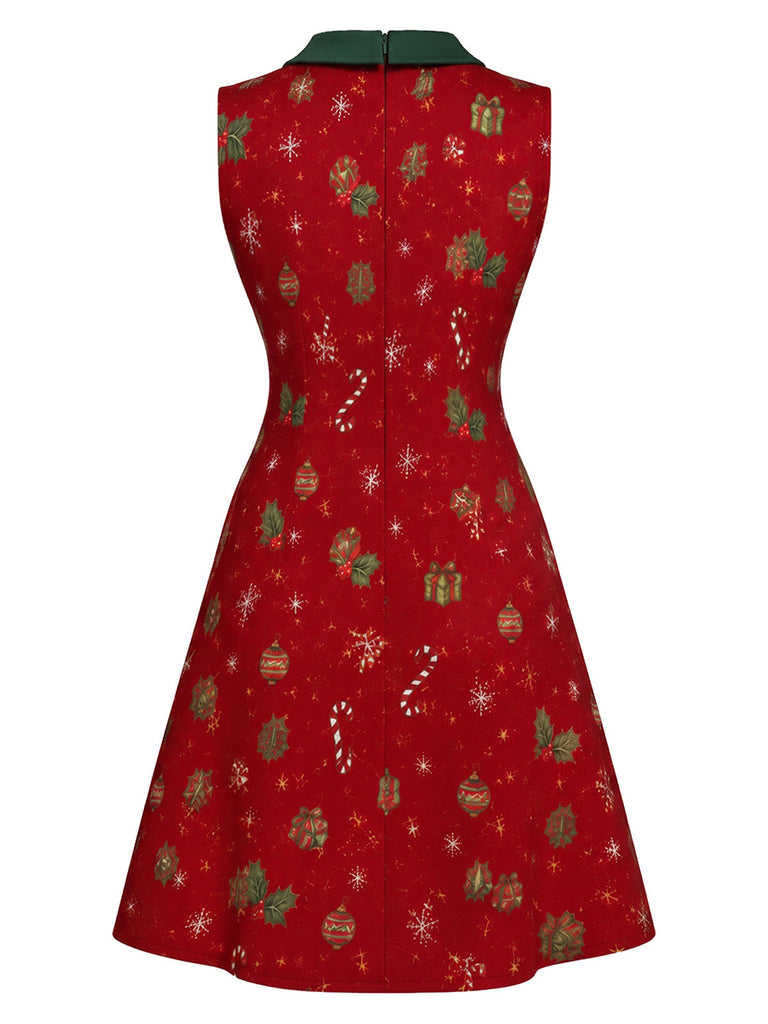 Ärmelloses 60er A-Linien-Kleid mit Weihnachtsprint und Schleife
