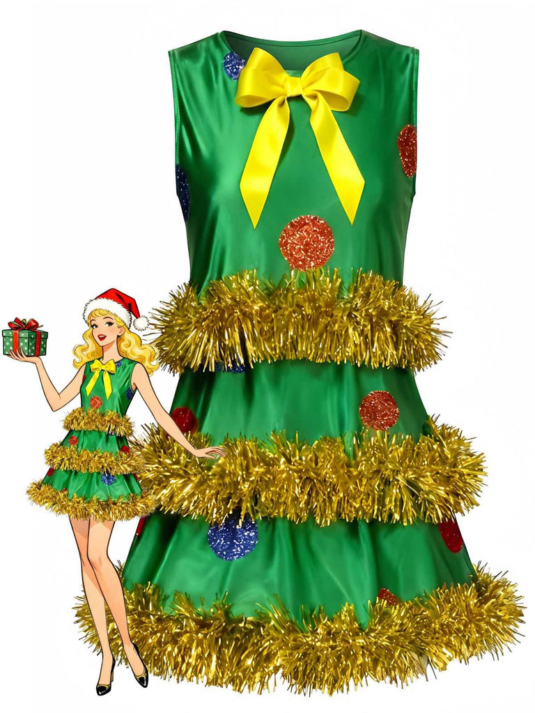 Grünes 70er ärmelloses A-Linien-Kleid mit Weihnachtsbaum
