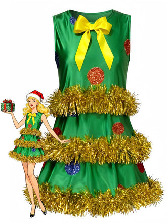 Grünes 70er ärmelloses A-Linien-Kleid mit Weihnachtsbaum