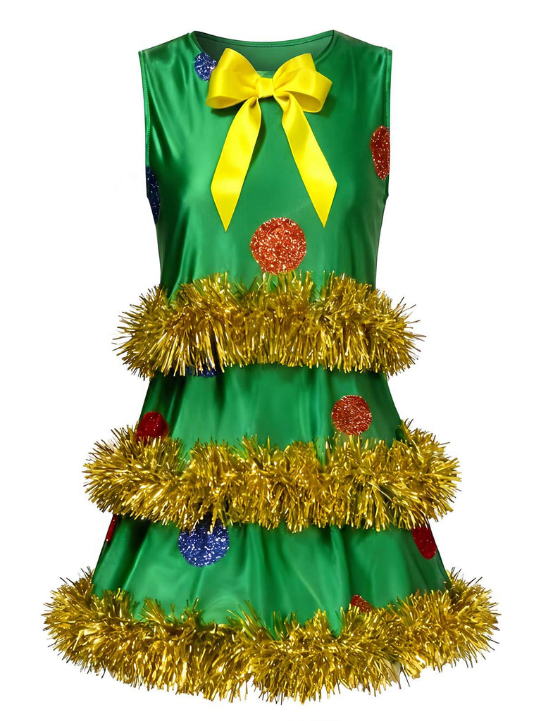 Grünes 70er ärmelloses A-Linien-Kleid mit Weihnachtsbaum