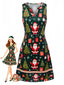 Grünes 60er Kleid mit Weihnachtsmann-Print und V-Kerbausschnitt