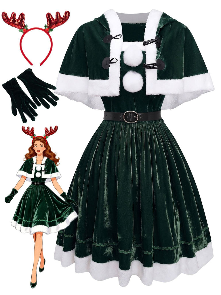 Grünes 50er Weihnachts-Samt-Bandeaukleid und Cape