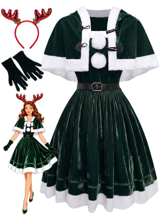 Grünes 50er Weihnachts-Samt-Bandeaukleid und Cape