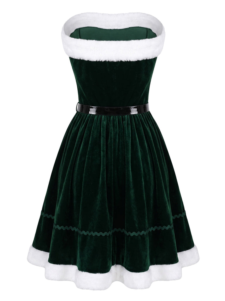 Grünes 50er Weihnachts-Samt-Bandeaukleid und Cape