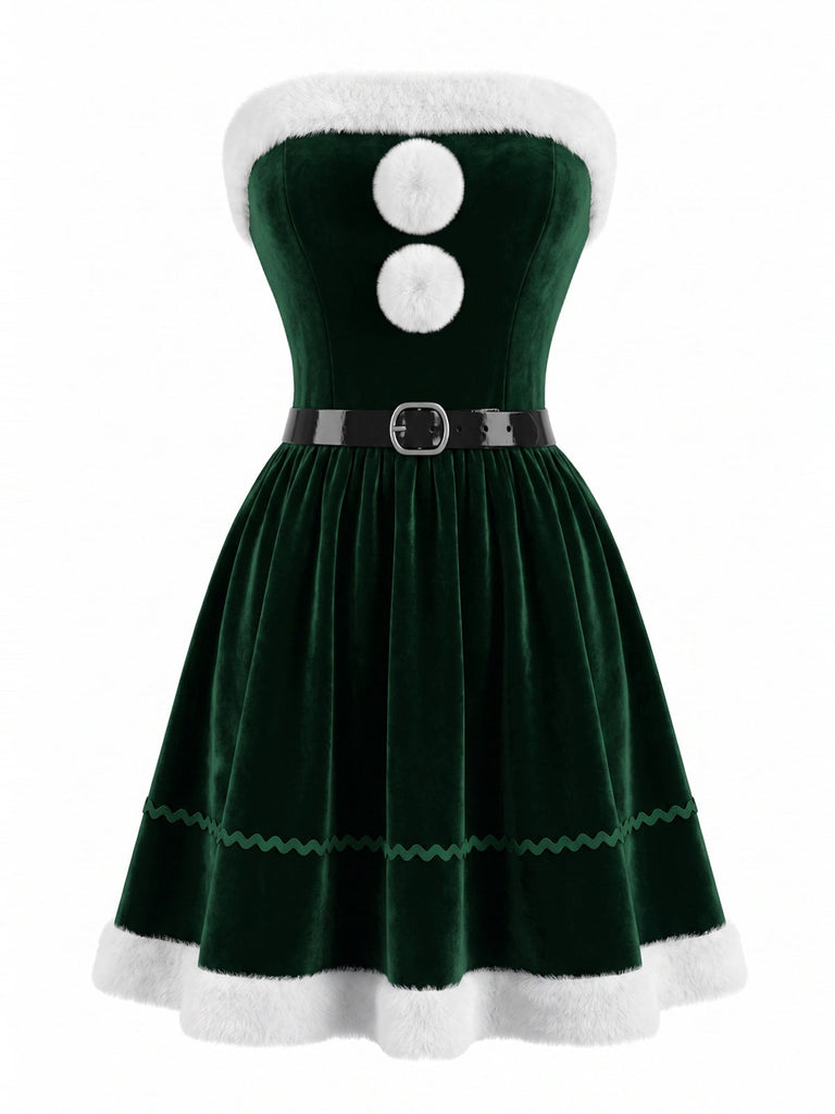 Grünes 50er Weihnachts-Samt-Bandeaukleid und Cape