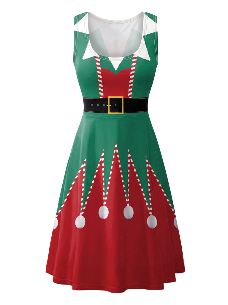 Grünes & Rotes 50er Weihnachtskleid ohne Ärmel