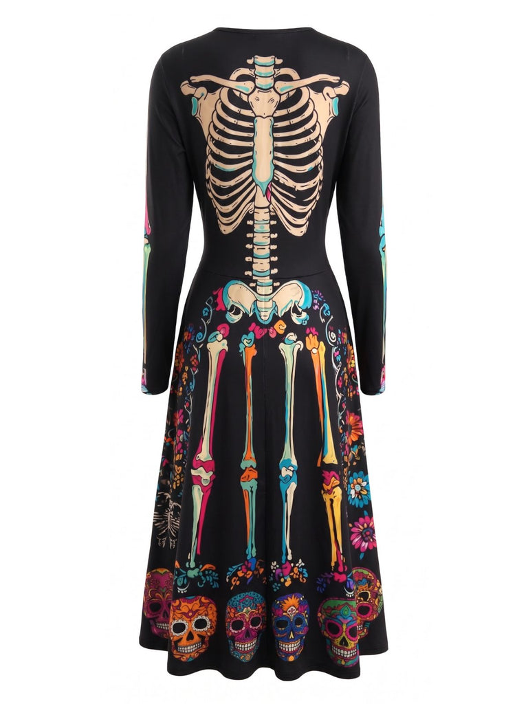Schwarzes 40er Midikleid mit Skelett-Print und Blumen