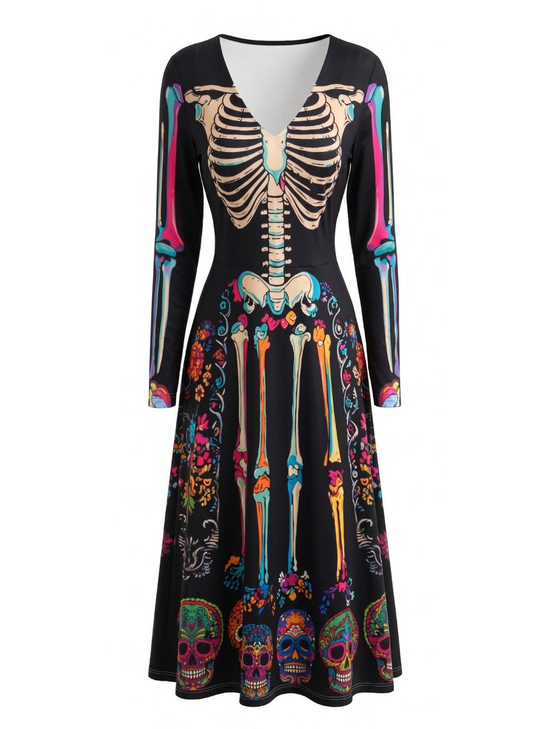 Schwarzes 40er Midikleid mit Skelett-Print und Blumen