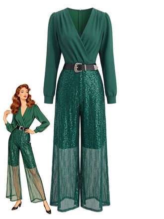 50er Pailletten-Jumpsuit mit V-Ausschnitt und Langarm