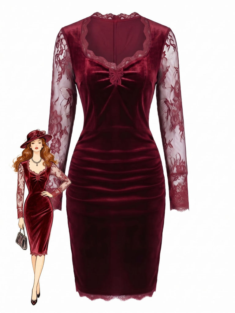60er Samt-Bodyconkleid mit Spitzenärmeln
