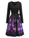 Lila 50er Halloween Kleid mit Kürbis, Blütenausschnitt und Schleife