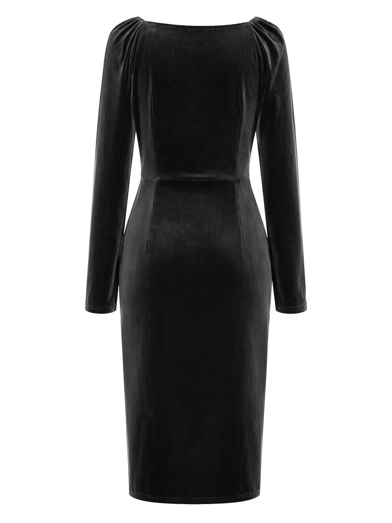 60er Samt-Bodyconkleid mit Wasserfallausschnitt und Raffung