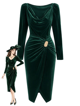 60er Samt-Bodyconkleid mit Wasserfallausschnitt und Raffung