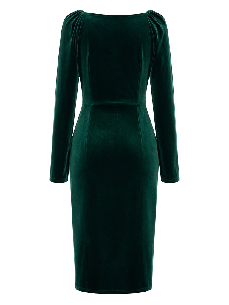 60er Samt-Bodyconkleid mit Wasserfallausschnitt und Raffung