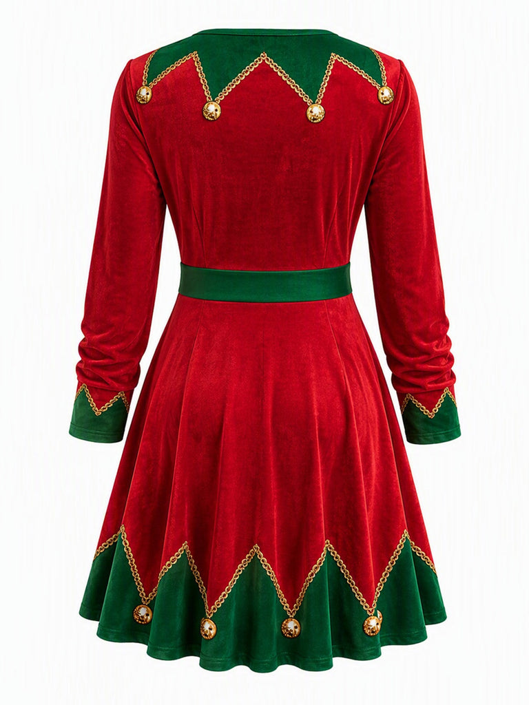 50er Weihnachtselfen-Kleid mit Weihnachts-Print und V-Ausschnitt
