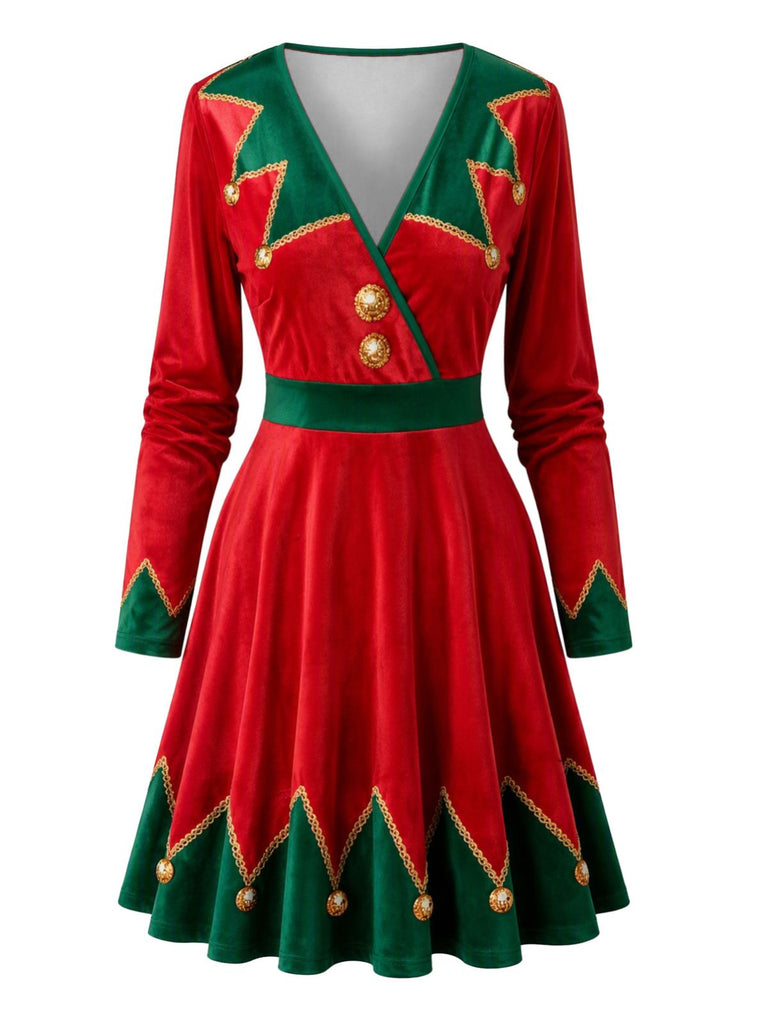 50er Weihnachtselfen-Kleid mit Weihnachts-Print und V-Ausschnitt