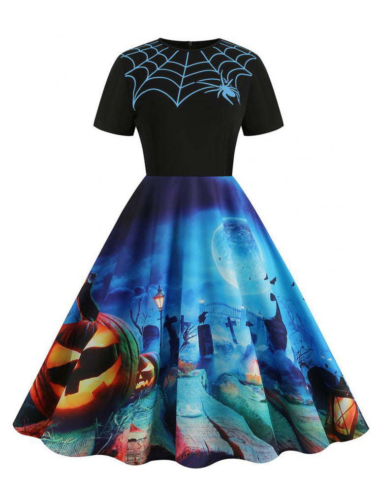 Schwarzes 50er Halloween Swingkleid mit Spinnennetz und Kürbis
