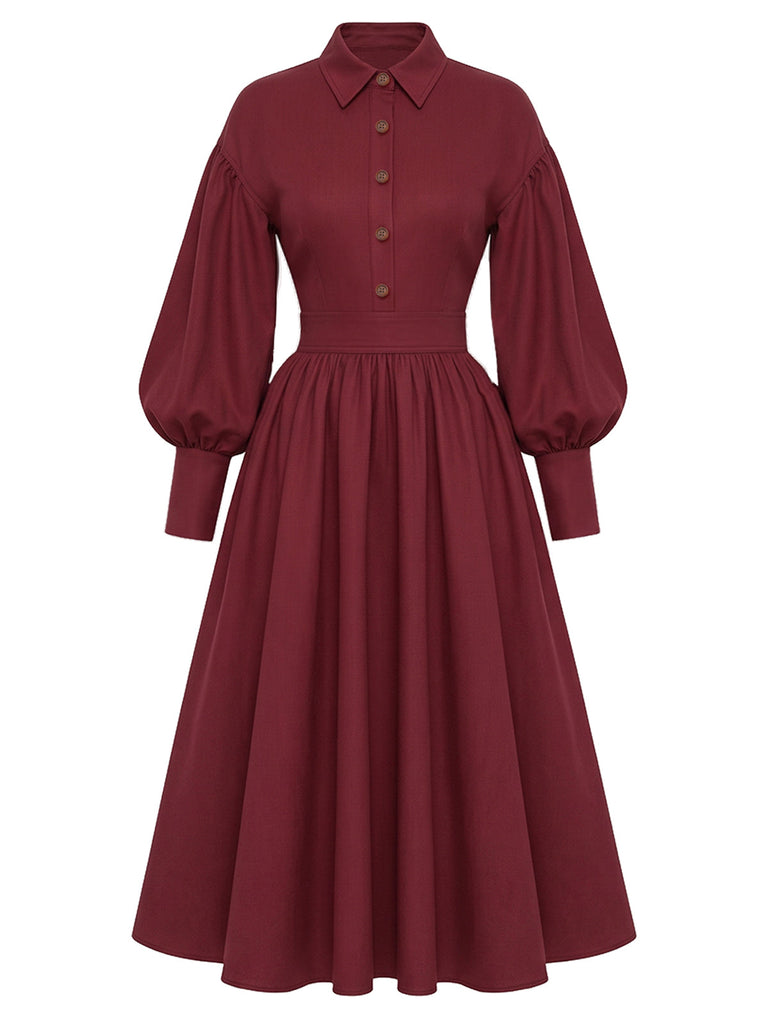 Bordeauxrotes 50er Hemdblusenkleid mit Ballonärmeln