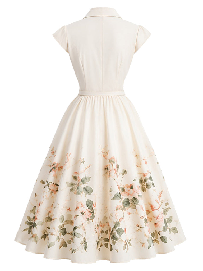 Weißes 50er Kleid mit Blumen und Flügelärmeln