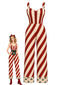 [Vorverkauf] Roter 40er Weihnachts-Streifenjumpsuit mit Bindegürtel und Umschlägen