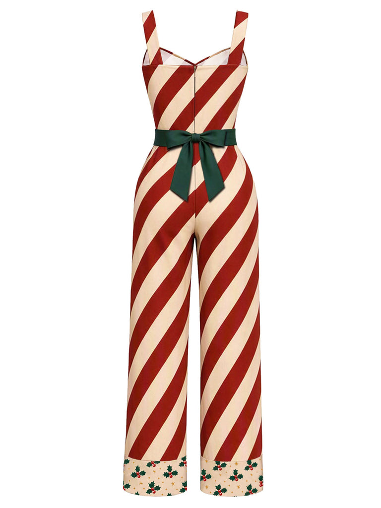 Roter 40er Weihnachts-Streifenjumpsuit mit Bindegürtel und Umschlägen