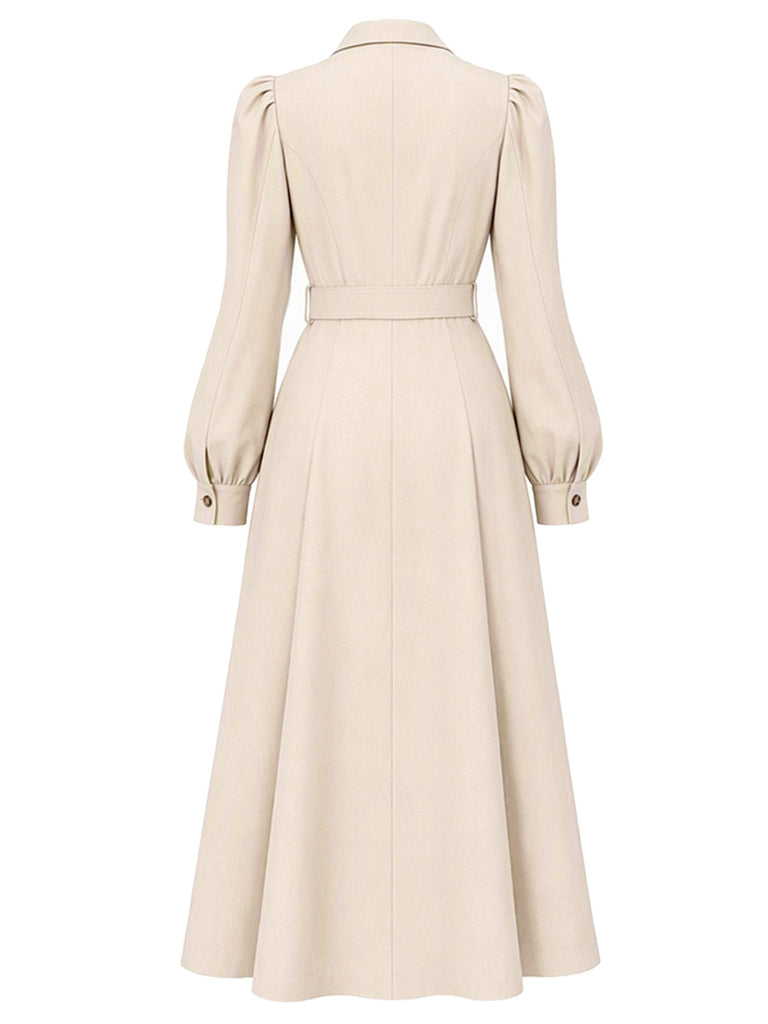 Beiger 40er zweireihiger Trenchcoat mit Puffärmeln