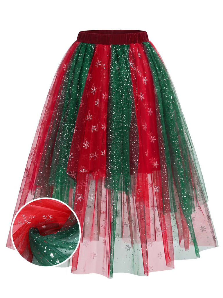 50er Weihnachts-Meshrock mit Glitzer-Schneeflocken und Vokuhila-Saum