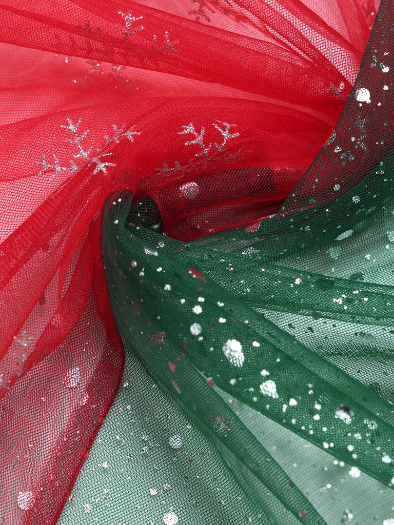 50er Weihnachtsset aus schulterfreiem Top mit Flauschbesatz und Schneeflocken-Meshrock