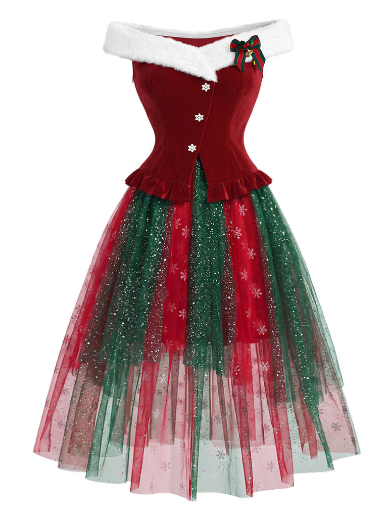50er Weihnachtsset aus schulterfreiem Top mit Flauschbesatz und Schneeflocken-Meshrock