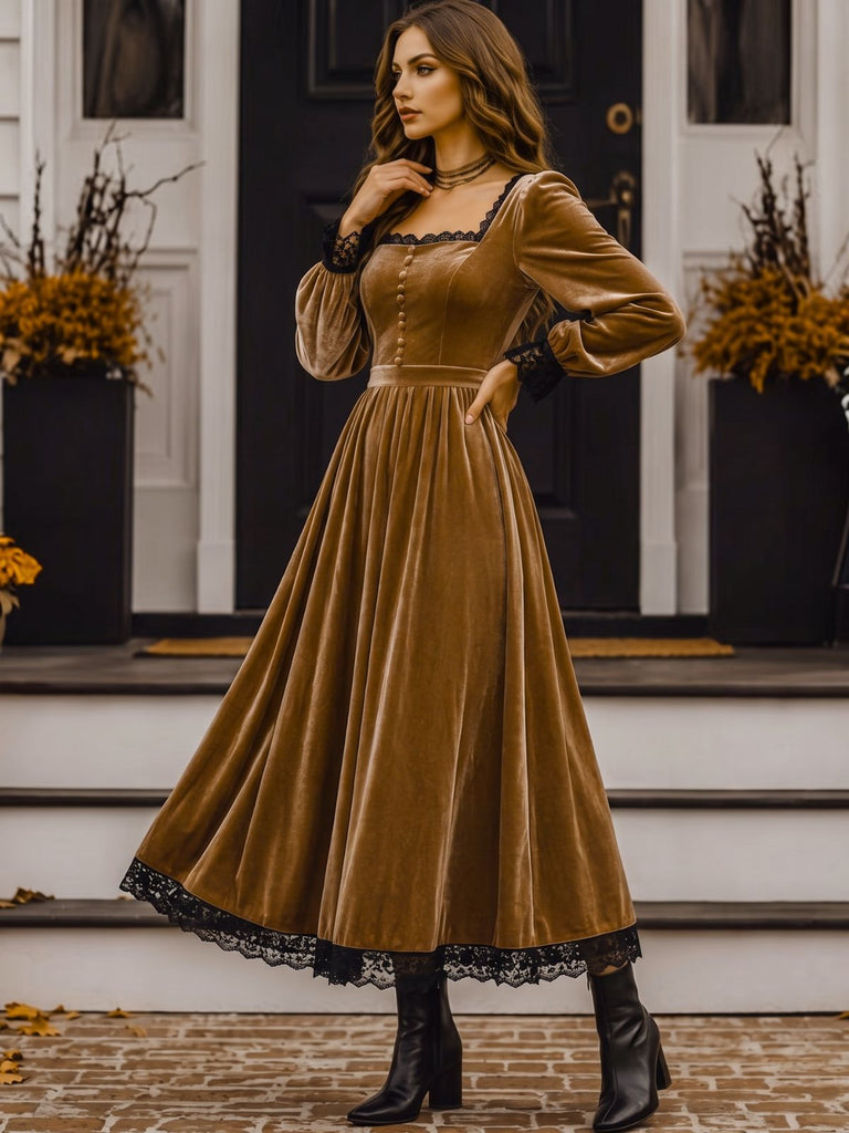 70er Samtkleid mit eckigem Ausschnitt, Spitzenbesatz und Langarm