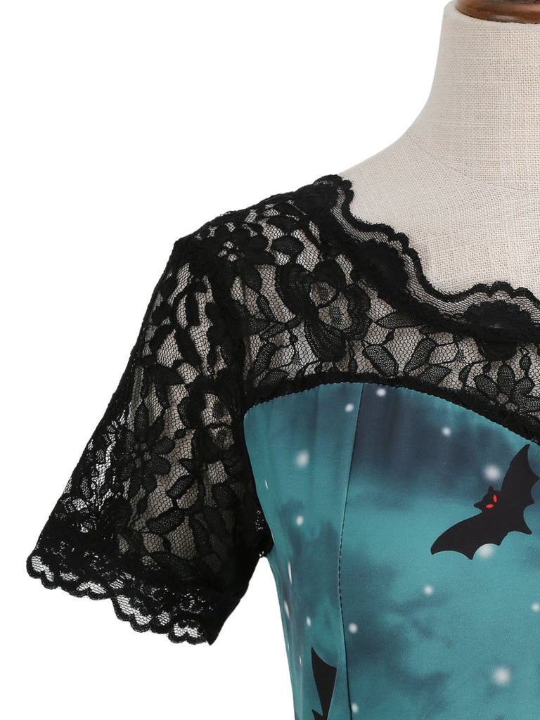 50er Halloween Swingkleid mit Spukhaus- und Kürbis-Fledermaus-Print
