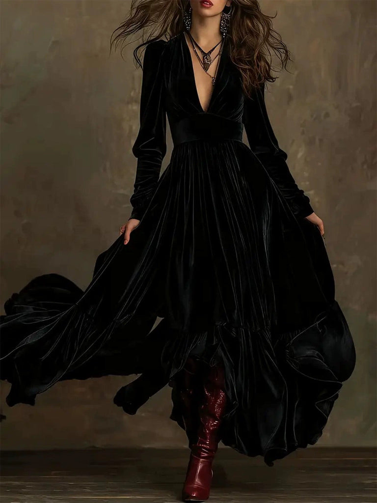 70er Samtkleid mit tiefem V-Ausschnitt und Raffung