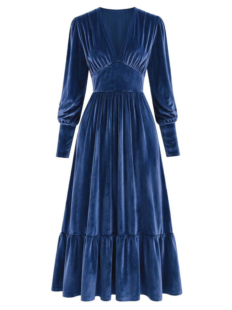 70er Samtkleid mit tiefem V-Ausschnitt und Raffung