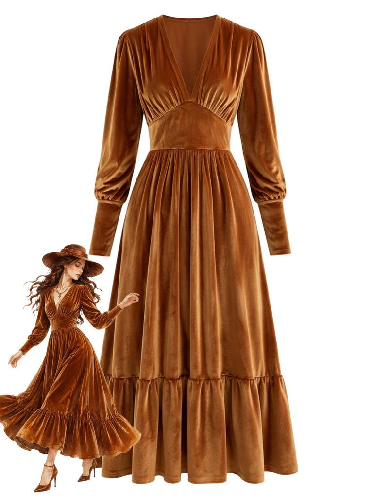 70er Samtkleid mit tiefem V-Ausschnitt und Raffung