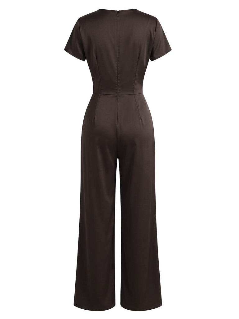 Brauner 50er Satin-Jumpsuit mit Wasserfallausschnitt und weitem Bein