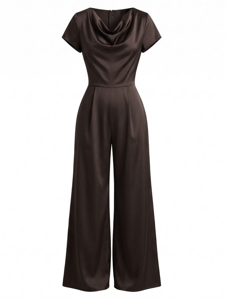Brauner 50er Satin-Jumpsuit mit Wasserfallausschnitt und weitem Bein