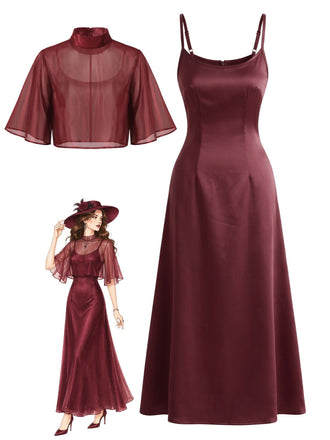Weinrotes 40er Satin-Slipkleid & Schal